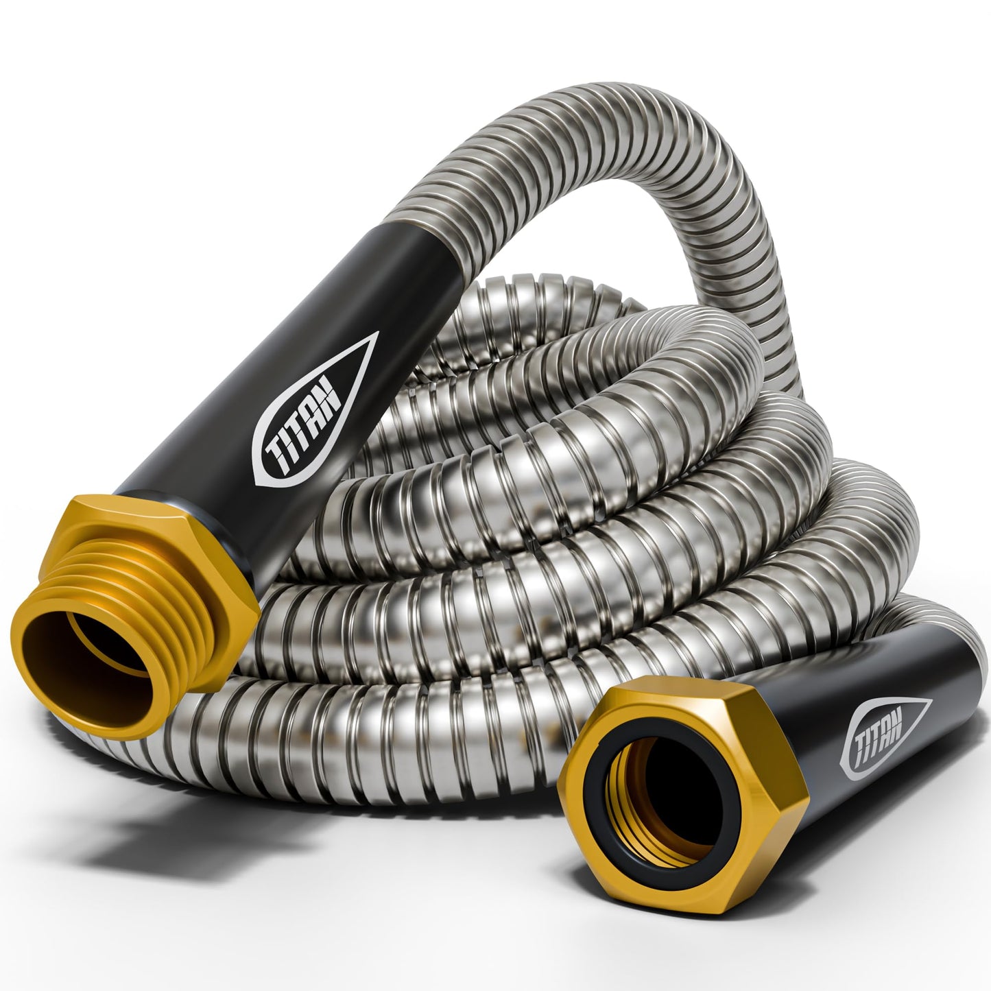 TITAN Garden Hose 150FT - 304 Stainless Steel Metal Water Hose, Flexible, Kink-Free, Lightweight, Durable Crush Resistant Fittings, Easy to Coil, 500 PSI