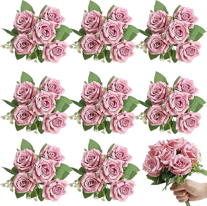 Artificial Roses Flower Dusty Rose Flowers - 8 Bundles Rose Bouquet Fake Silk Flowers Realistic Faux Florals Bulk for Wedding Bridal Party Baby Shower Arrangements Centerpieces Home Decorations