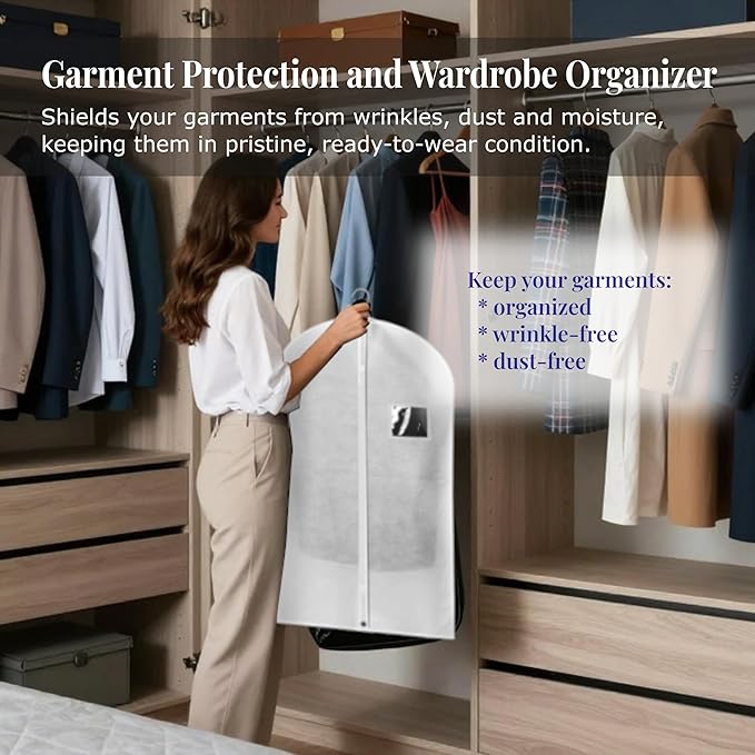 2-Pack Breathable Garment Bags for Hanging Clothes – Dust-Proof Suit & Dress Covers with Clear Window – Waterproof, Foldable Closet Storage Organizer for Coats, Gowns, and Jackets (White, 55")