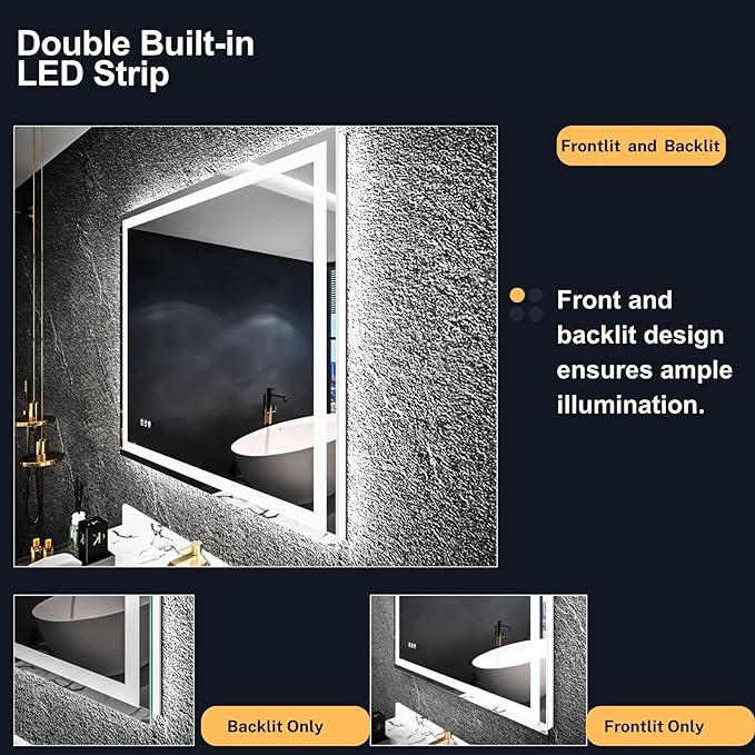LED Bathroom Mirror 48"x 32",Front Lit and Backlit Bathroom Mirror with Lights,Stepless Dimmable,Anti-Fog, Shatter-Proof, Memory, 3 Colors Lighted Vanity Mirror (Horizontal/Vertical)