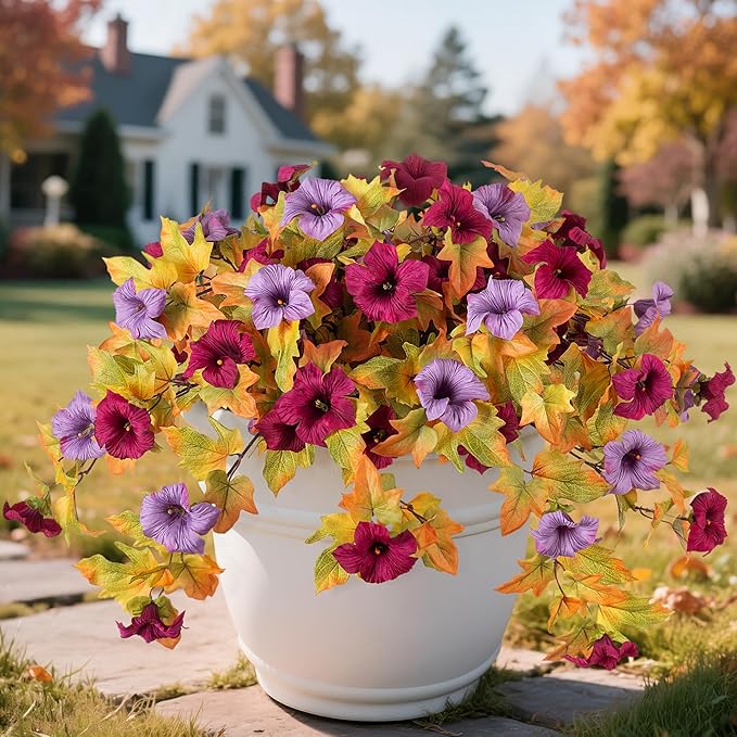 Artificial Fall Flowers Fake Petunias Plants for Outdoor Decoration, 2 Pcs Silk Faux Flowers UV Resistant No Fade Plants for Garden Balcony Yard Porch Realistic Indoor Decor (Burgundy Purple)
