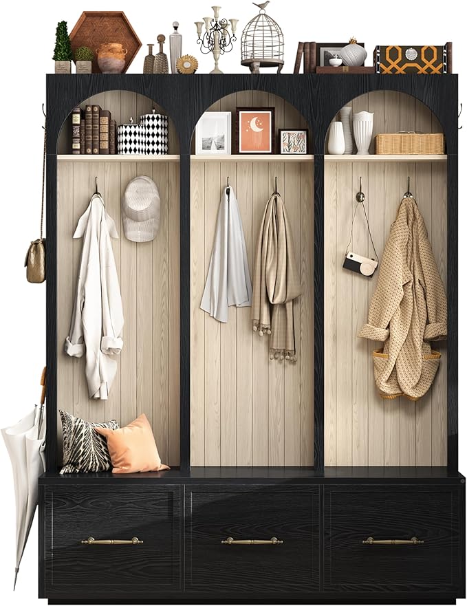 Bellemave Farmhouse Hall Tree with Bench and 3 Drawers, Entryway Bench with Coat Racks and Shoe Storage, 4 Hooks and Shelves (Black)