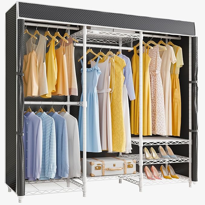 VIPEK V5C Medium Covered Clothes Rack Heavy Duty Portable Closet Wardrobe, Freestanding White Clothing Rack with Grey Upgarded Polyester Cover, Adjustable Custom Closet Rack, 57.9" Lx17.3 Wx76.4 H