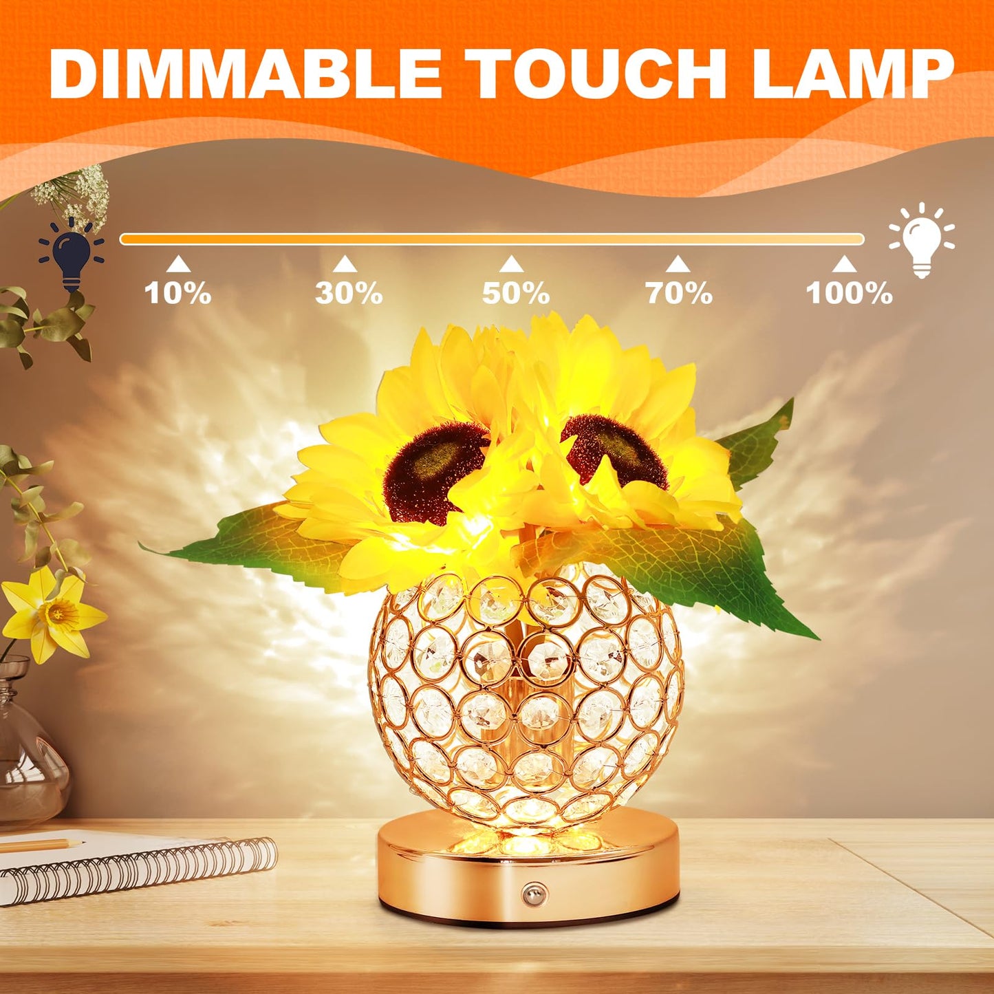AMWGIMI Sunflower Gifts for Women,Sunflower Flower Home Decor Touch Table Lamp,3-Colour Dimming Rechargeable Cordless Small Night Light for Festival Housewarming Birthday Gift for Mom