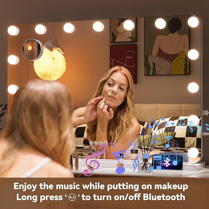Hasipu LED Makeup Mirror with Bluetooth Speaker, 47" x 35" Makeup Mirror with Lights and Magnification, Hollywood Mirror with 3 Color Modes, LED Make up Mirror with USB & Type-C Charging