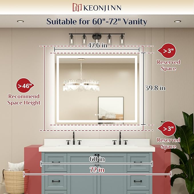 Keonjinn 48 x 40 Inch LED Bathroom Mirror with Lights, Bighter Frontlit & Backlit Vanity Mirror with Stepless Dimmable 3-Color, Anti-Fog Mirror for Wall, HD Tempered Glass, Memory Founction, CR90+