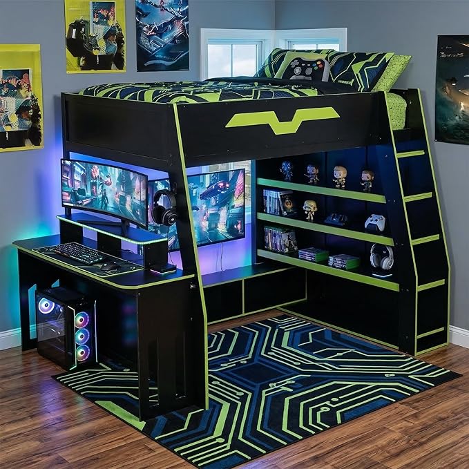 LUMISOL Full Size Wood Loft Bed with Desk and Multi-Storage Shelves, Gaming Loft Bed with RGB LED Lights and Adjustable Desk Placement, Space-Saving Game Bedframe with Under-Bed Storage, Green