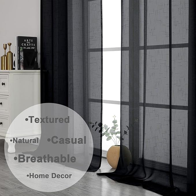 Aiyufeng Kirei Black Sheer Curtains 63 Inch Length 2 Panels, Faux Linen Slub Textured Soft Breathable Rod Pocket Light Filtering Curtain for Living Room Bedroom Kitchen, Each 40Wx63L Inch