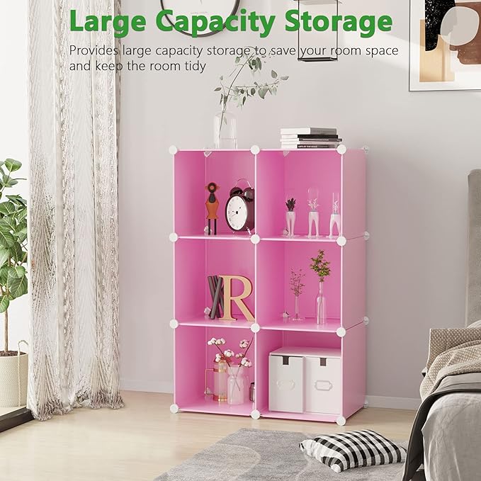 C&AHOME Cube Storage Organizer, 6-Cube Shelves Units, Closet Cabinet, DIY Plastic Modular Book Shelf, Ideal for Bedroom, Living Room, Office, 36.6" L x 12.4" W x 36.6" H Pink UPCS06P