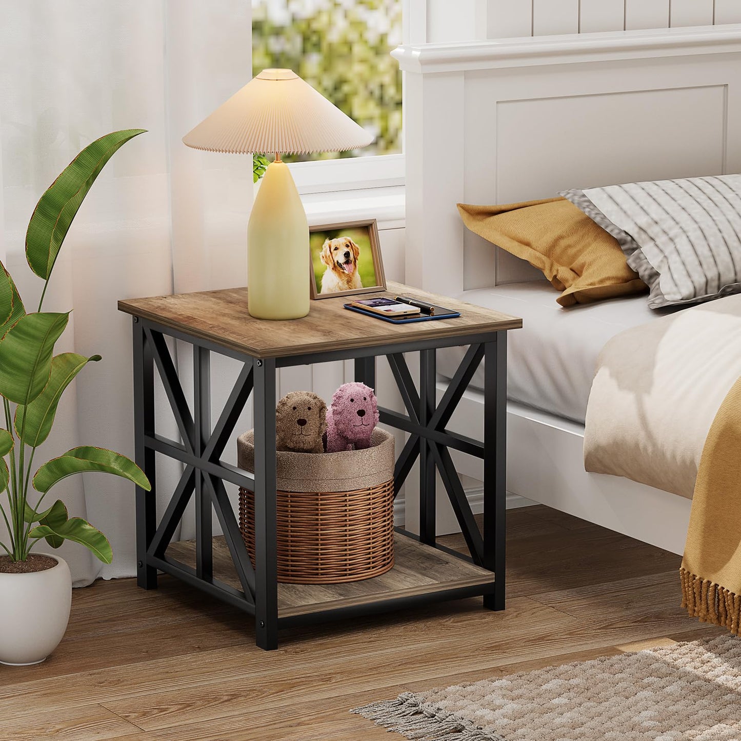 GreenForest Side Table, 50cm End Table with 2-Tier Storage Shelf, Square Small Bed Side Table for Living Room, Farmhouse Sofa Nightstand for Bedroom Office, Grey Wash