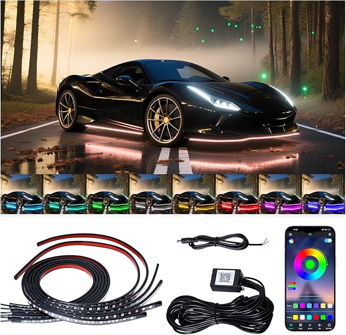 Underglow LED Lights for Cars - 6PCS RGB Neon Light Kit with 360 LEDs, Bluetooth APP Control, 8 Colors/Music Sync, Waterproof PVC Strips for Cars, Trucks, SUVs
