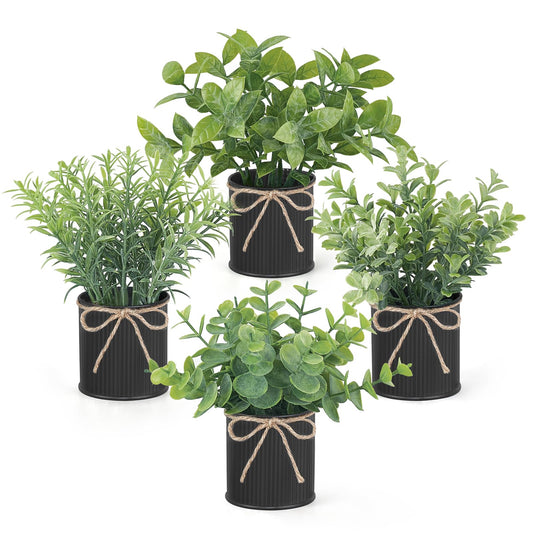 Mkono 4 Packs Small Fake Plants in Farmhouse Galvanized Pots Table Centerpiece Mini Potted Artificial Plants Faux Eucalyptus for Shelf Office Rustic Home Decor (Black, Mini-6" H)"
