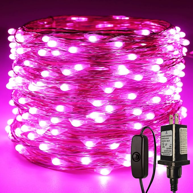 RUICHEN Plug in Fairy Lights with Switch, Waterproof 66 Ft 200 LED Silver Wire Starry String Firefly Lights for Bedroom, Patio, Garden, Balcony, Dorm, Pink