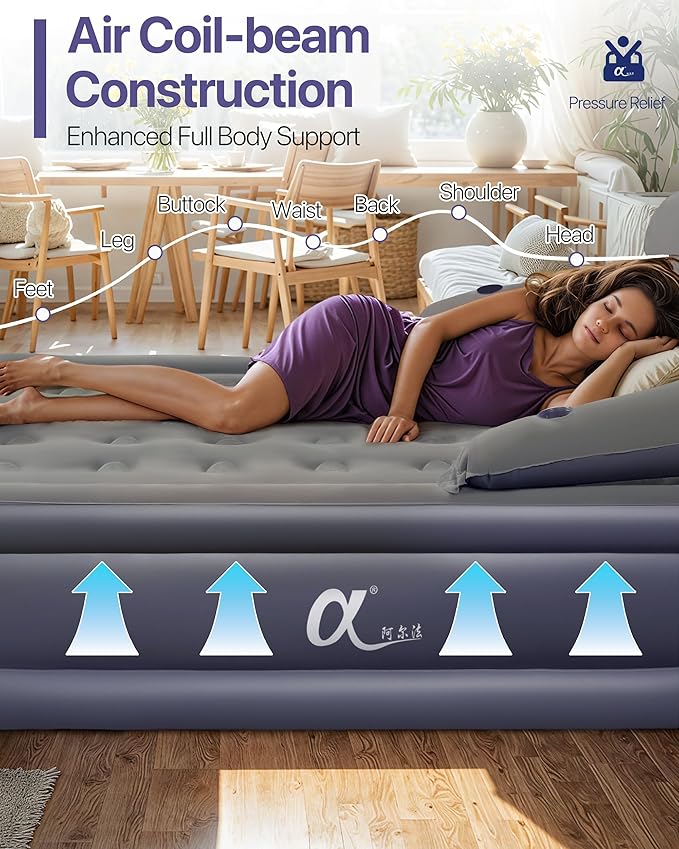 A-ER-FA Twin XL Air Mattress with Headboard and Built in Rechargeable Air Pump & Cup Holder – Premium Comfort Blow Up Mattress & Inflatable Mattress, Colchon Inflable Air Bed for Guests & Home Use