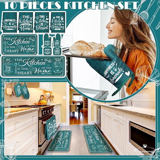 Fourluoo 10 Pcs Farmhouse Kitchen Decor and Accessories Set 4 Kitchen Towels 2 Pot Holders 2 Oven Mitts 2 Rugs for Cooking Baking Mom Housewarming Gifts(Light Blue,Classic Style)