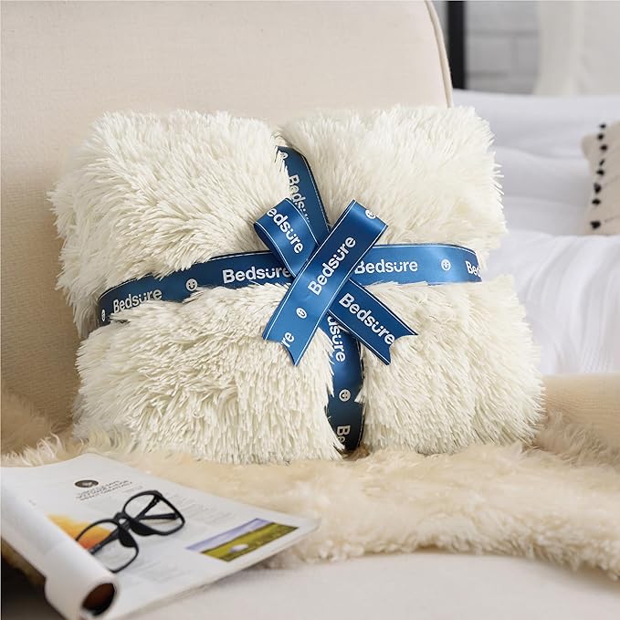Bedsure GentleSoft Fluffy Cream Throw Blanket Decorative Blankets for Bed Couch Sofa, Cream Decor Sherpa Fleece Soft Cozy Fuzzy Plush Thick Warm Faux Fur Decorations, Ivory Baby Girl Gifts, 50x60
