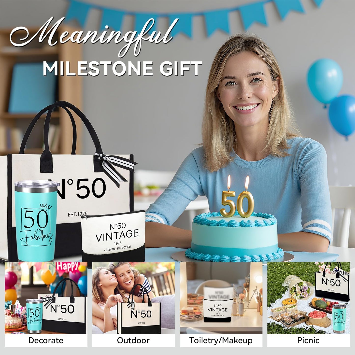 50th Birthday Gift Set for Women Her – No.50 Vintage 1975 Tote Bag, Makeup Bag & 20oz Tumbler – Elegant Birthday Present for 50th Years Old Mom, Wife, Sister, Friends