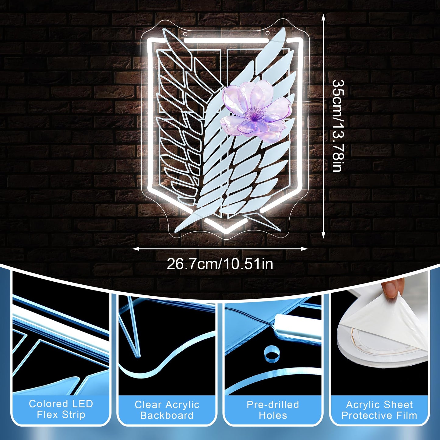 Anime Neon Sign for Wall Art Decor - Wings and Freedom Acrylic USB Powered LED Wall Light, White Glow with Dimmer, for Bedroom Game Room Party Decor Man Cave Home Office 13.78" × 10.51"""