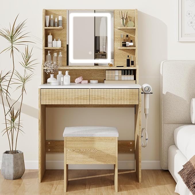 YOURLITE Fluted Makeup Vanity Desk with Mirror and Lights, 31.5" Small Vanity Table Set with LED Mirror & Stool, Dressing Table for Bedroom