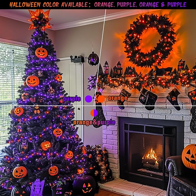 JMEXSUSS Halloween Decoration Lights, 200 LED Orange Purple Halloween Lights Clear Wire, 11 Modes Connectable Halloween String Lights Indoor Outdoor Plug in for Halloween Tree Decorations