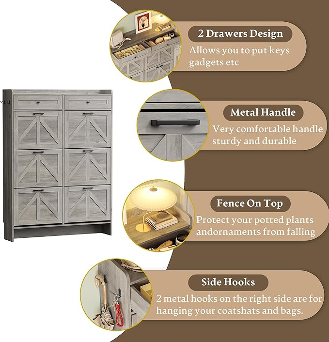 Shoe Cabinet for Entryway, Farmhouse Shoe Storage Cabinet with 6 Flip Drawers and 2 Top Drawers, Tall Narrow Shoe Organizer Cabinet with Adjustable Shelves, Side Hooks and Anti-Tip Kit
