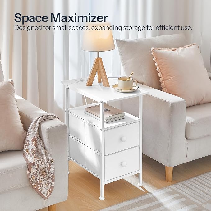 HOOBRO End Table with Charging Station, Narrow Side Table, Nightstand with 2 Non-Woven Drawers, Slim Sofa Side Table, for Small Spaces, Living Room, Bedroom, White WT486UBZ01