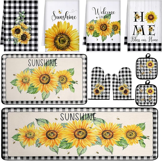 10 Pcs Sunflower Kitchen Decor 4 Black and White Buffalo Plaid Dish Towels 2 Buffalo Check Pot Holders 2 Rustic Sunflower Oven Mitts 2 Yellow Rugs for Cooking Baking Mom Housewarming Gift