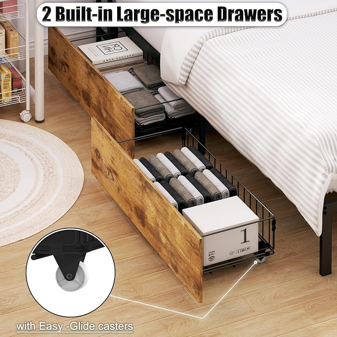 Corner Bed Frame Twin with Storage, L Shaped Daybed for Kids, Twin Corner Bed with Drawers, Shelves, RGB LED Lights & Charging Station, Sturdy Metal Kids Twin Bed for Girls Boys,Brown