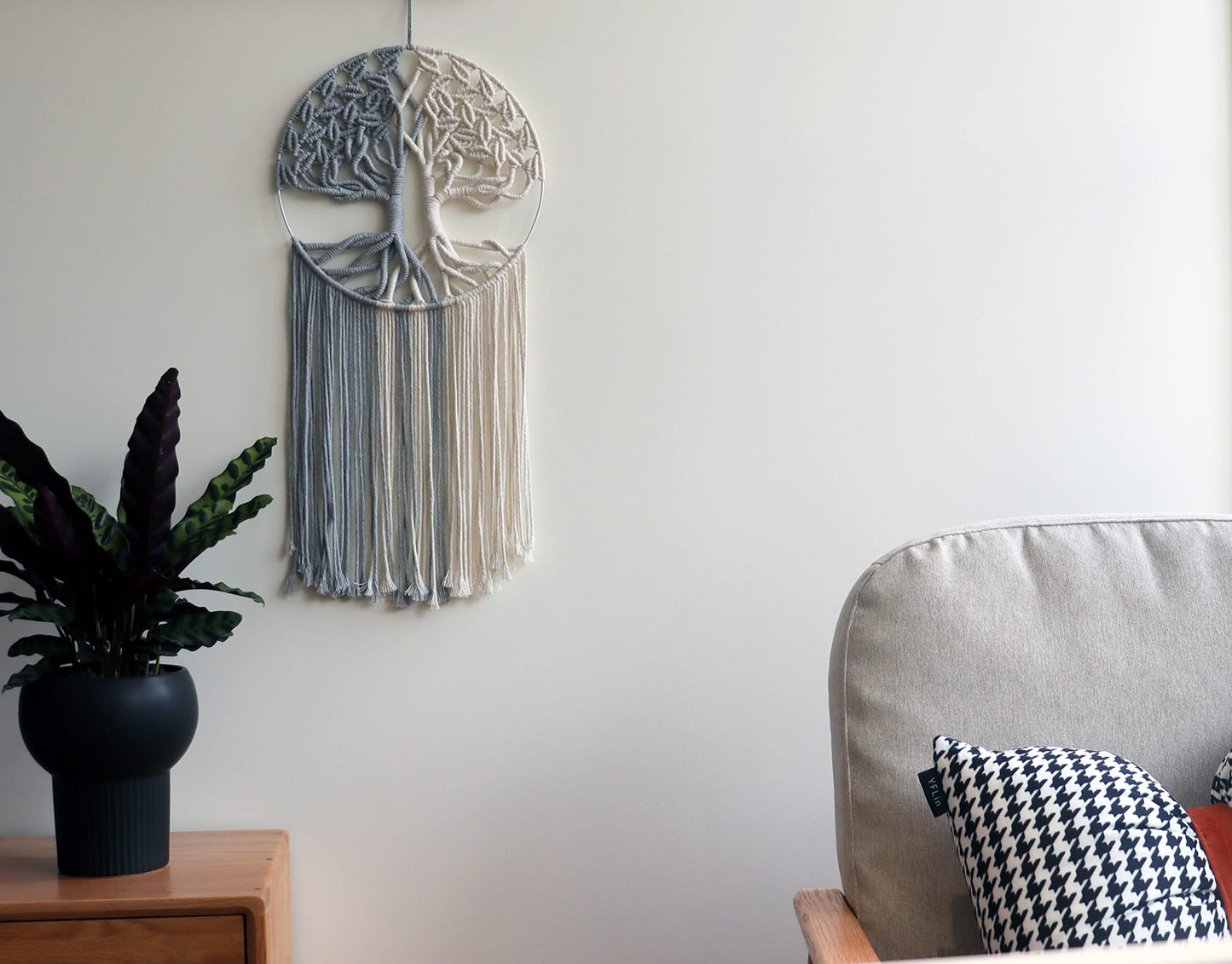 GUKALYLY Tree of Life Macrame Wall Hanging,Chic Handmade Woven Boho Home Décor,Eclectic Wall Decor for Bedroom Nursery Apartment Dorm Decoration,Gift for Teen Girl Mom(13" W X 31.5"" L) (Grey&White)"