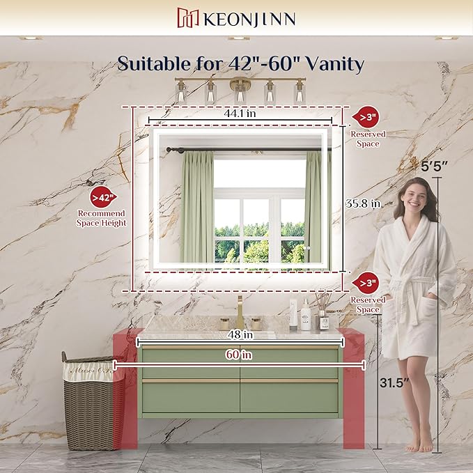 Keonjinn 44" x 36" Bathroom Mirror with Lights, Frontlit & Backlit LED Bathroom Mirror, Safe Tempered Glass, Anti-Fog, 3000K/4500K/6500K, Dimmable, UL-Listed, Frameless LED Wall Mirror