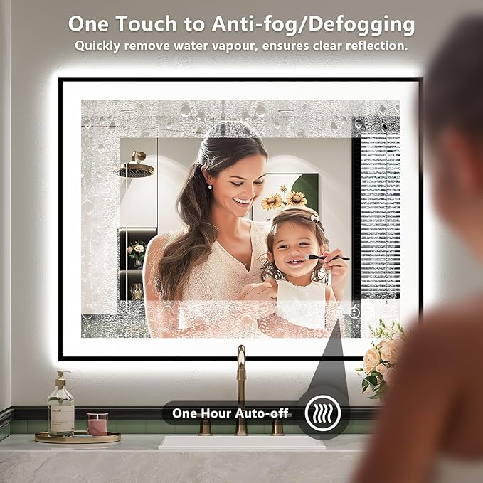 28x32 Inch LED Bathroom Mirror with Lights (Front Lit and Backlit) Black Framed Lighted Vanity Mirror for Bathroom Wall Dimmable Anti-Fog Memory Tempered Glass Horizontal/Vertical