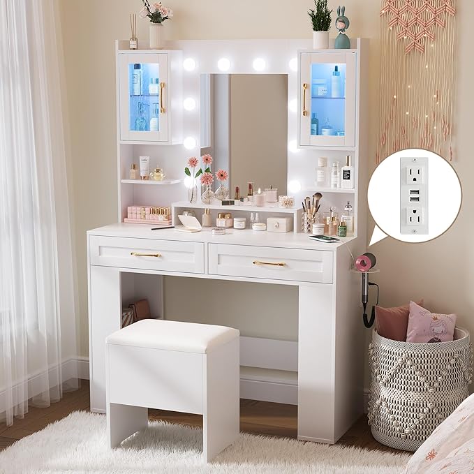 NUNU LAB Large White Vanity Desk with Mirror and Lights with 5 Drawers, Women Makeup Table with Power Outlet, 3-Color Adjustable Lighting for Bedroom Brown