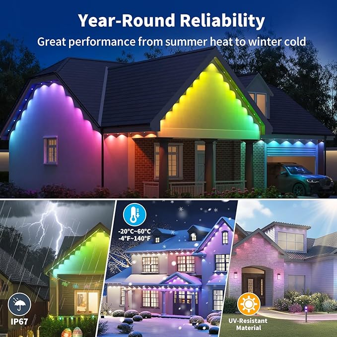 XINKAITE 500FT Permanent Outdoor Lights with 250 LEDs - Smart RGB+IC with 16 Million Colors, IP67 Waterproof, App & Remote Control, Hundreds of Modes for Holidays, Christmas & Home(2 Rolls 250FT)