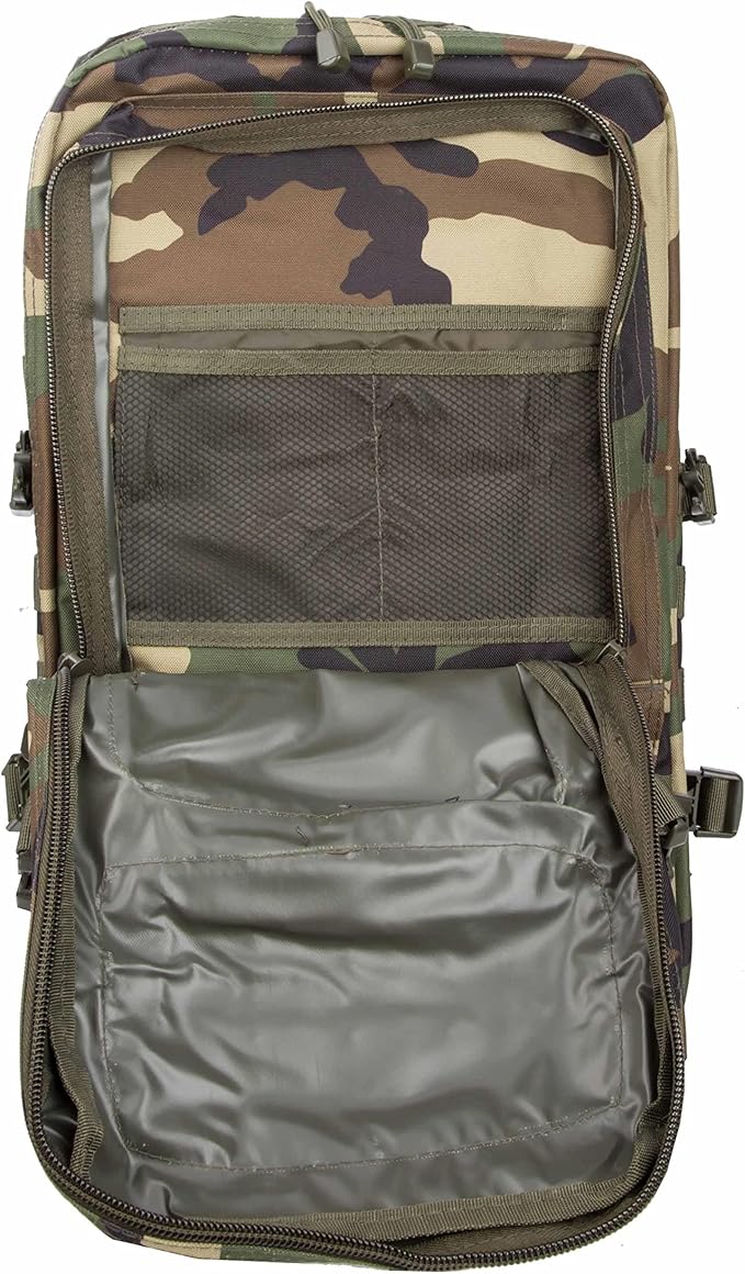 Mil-Tec Unisex Assault Pack - Rugged Durable Lightweight Ergonomic Versatile Tactical Outdoor Camping Hiking Backpack with Adjustable Padded Shoulder Straps & MOLLE Loops, Woodland Camo, 36L