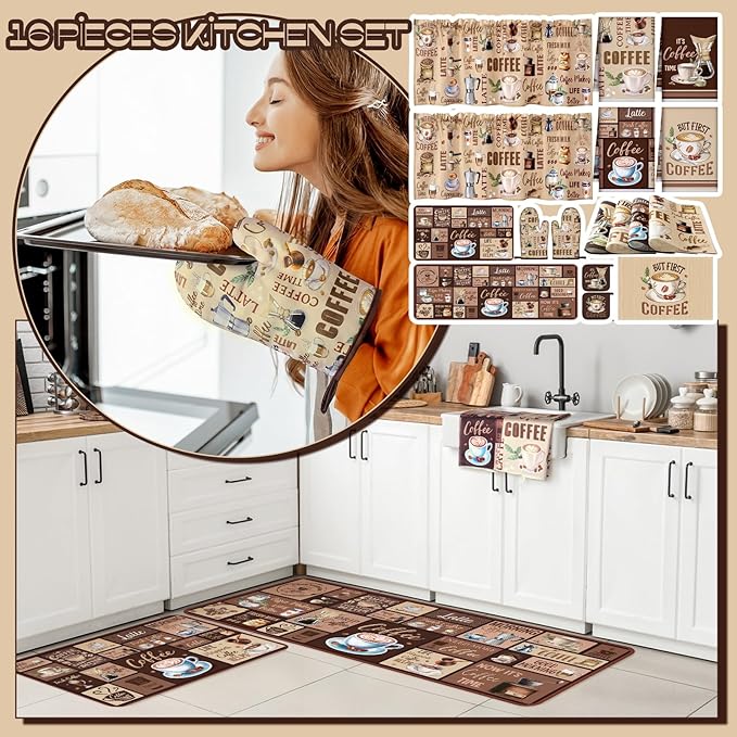 Fourluoo 16 Pcs Coffee Kitchen Decor and Accessories Set Coffee Brown Kitchen Towel and Dishcloth Non Slip Rug Mat for Floor Farmhouse Oven Mitt and Pot Holder Curtain Set for Home Decoration Gift