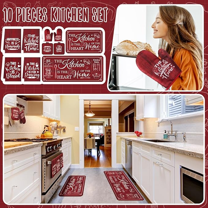 Fourluoo 10 Pcs Farmhouse Kitchen Decor and Accessories Set 4 Kitchen Towels 2 Pot Holders 2 Oven Mitts 2 Rugs for Cooking Baking Mom Housewarming Gifts(Red,Classic Style)