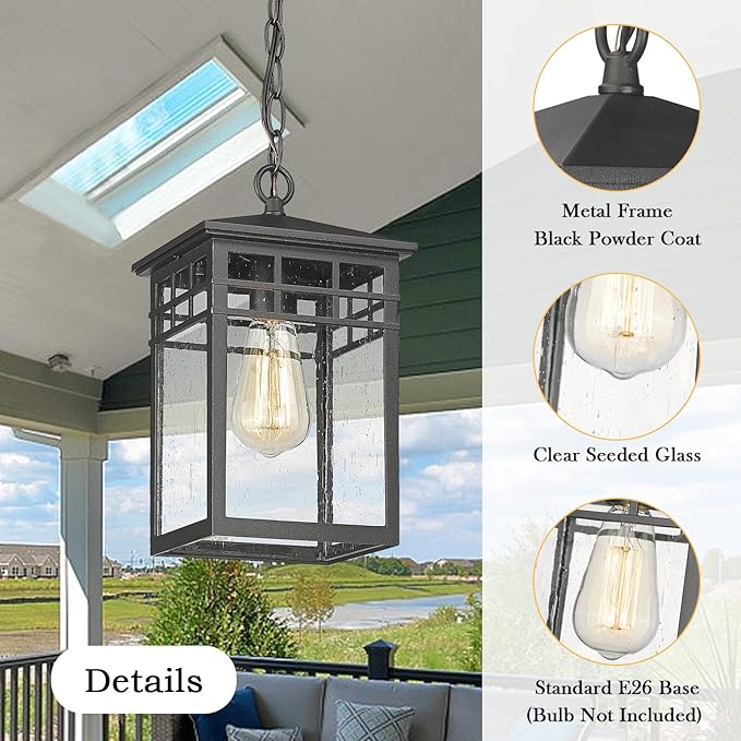 Outdoor Pendant Light Lanterns for Front Porch, Black Exterior Hanging Light Fixtures with Seeded Glass Shade for Patio, Entryway, Garage, Gazebo, RZ009-H BK