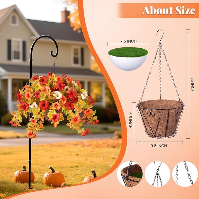 Artificial Fake Fall Flowers with Hanging Basket Plants for Outdoor Decoration, Silk Faux Flower UV Resistant Petunias for Home Porch Patio Garden Balcony Yard Decor Real Looking(Orange White)