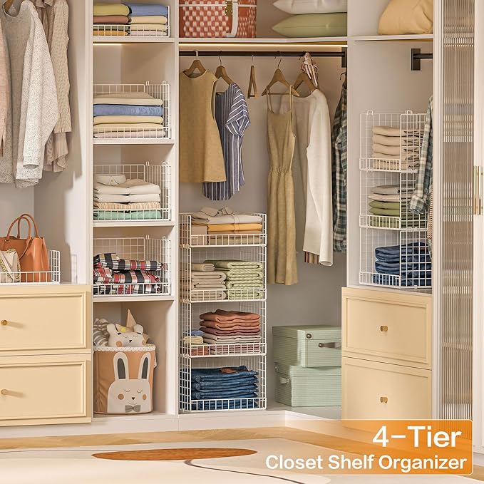 Yociyoga 4 Tier Stackable Closet Organizers and Storage Shelves, Foldable Closet Shelf Organizer System, Stackable Storage Bins Drawers for Clothes Organizer System, White(Patent Pending)