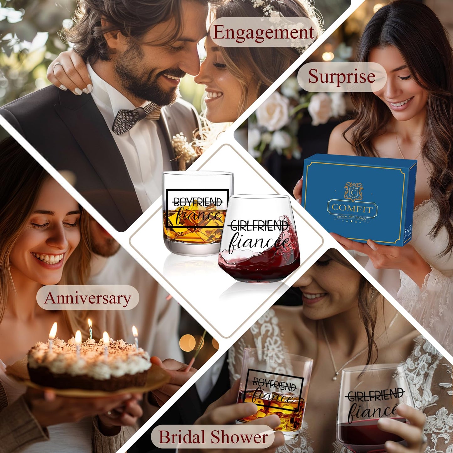 comfit Engagement Gifts for Newly Couples - Fiance Fiancee Gifts, Boyfriend & Girlfriend Wine and Whiskey Glass Set, Wedding Gift for bride and groom, Future Mr and Mrs Just Engaged Gift