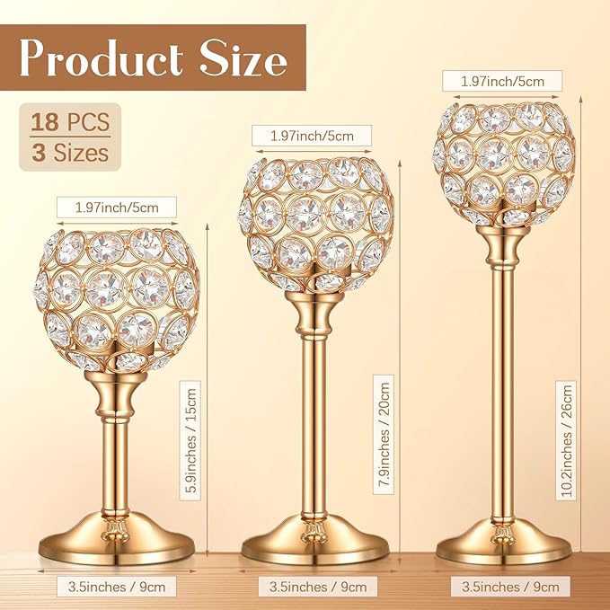 Qunclay 18 Pieces Crystal Candle Holders Bulk Candle Stick Holder Centerpieces for Table Wedding Centerpieces Crystal Decorative Tealight Dining Table Decor for Party(Gold)