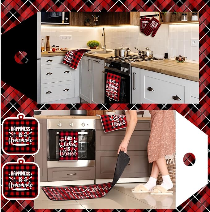 Fourluoo 10 Pcs Farmhouse Kitchen Decor and Accessories Set 4 Kitchen Towels 2 Pot Holders 2 Oven Mitts 2 Rugs for Cooking Baking Mom Housewarming Gifts(Red White,Classic Style)