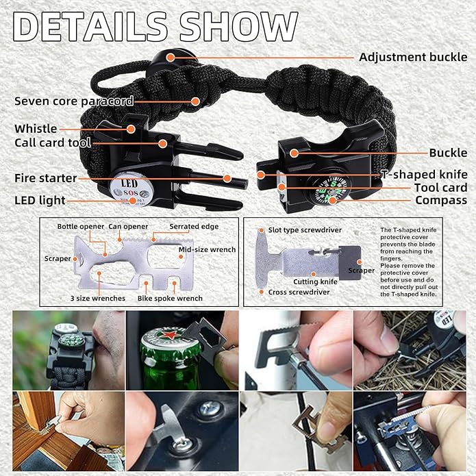Adjustable Survival Paracord Bracelet, 2 Pack Emergency Fire Starter Kit with Loud Whistle Compass Light Flint Steel for Hiking Fishing Hunting, Tactical Gear Equipment Multitools