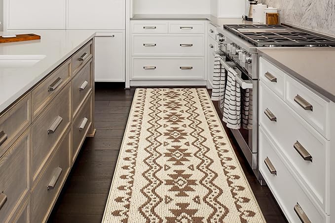 Custom Length Cut to Size Tribal Ethnic Southwestern Inspired Hallway Runner Rug, Non Slip Rubber Backed, 31 inch Wide X Customized Length, Aztec Beige, 31 inch X 3 feet, Doormat Size