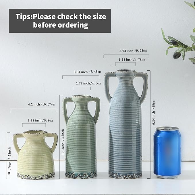 Ceramic Vase Set of 3 - Farmhouse Vase Set for Modern Decoration, Rustic Crackle Round Vases for Home Decor, Dining Table, Living Room, Kitchen, Office, Shelf - Multicolor