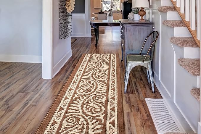 Custom Length Cut to Size Tribal Ethnic Southwestern Inspired Hallway Runner Rug, Non Slip Rubber Backed, 31 inch Wide X Customized Length, Mayan Brown, 31 inch X 7 feet