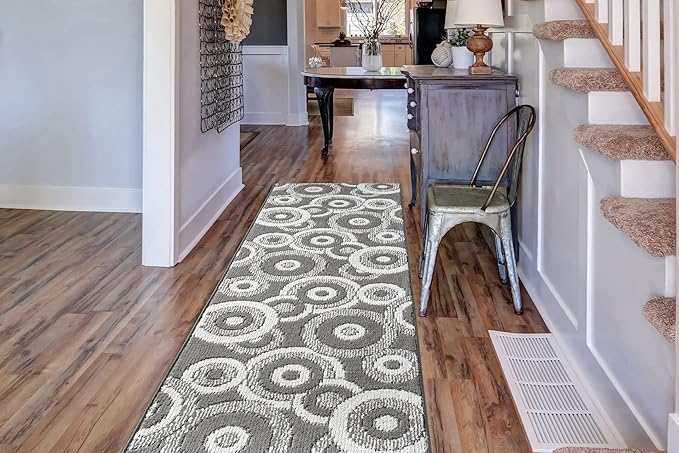 Custom Length Cut to Size Retro Modern Geometric Carpet Runner Rug for Hallways, Non Slip Rubber Backed, 31 inch Wide X Customized Length, Geo Grey, 31 inch X 6 feet