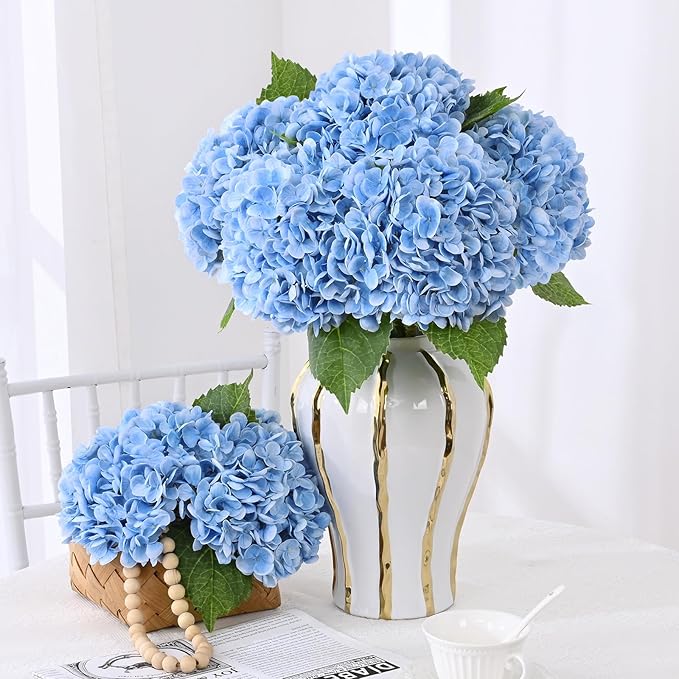 4 Pcs Real Touch Hydrangea Artificial Flowers, 21" Blue Full Faux Hydrangea Flowers Latex Fake Flowers for Home Decor Party Floral Arrangements Wedding Bouquets Centerpieces Outdoor Decor