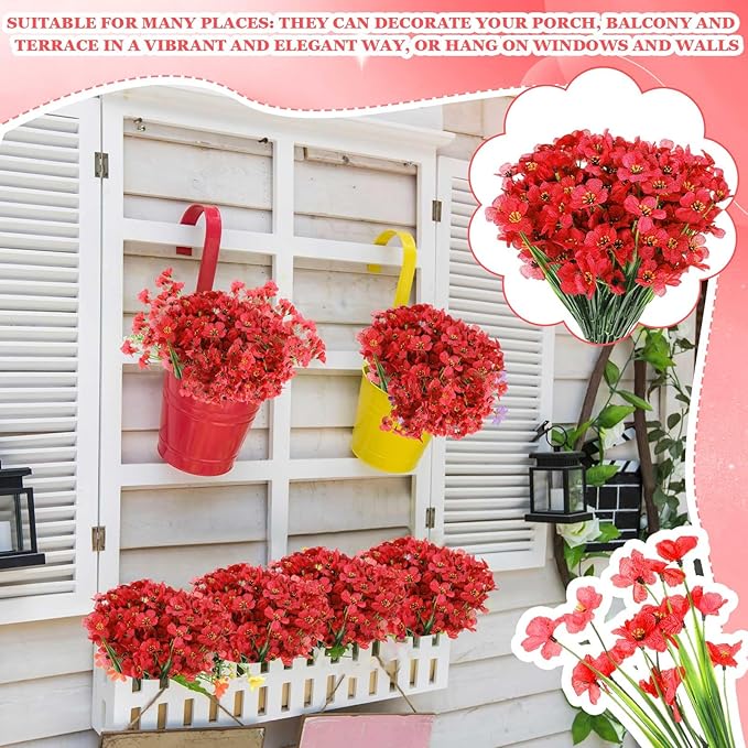 Lyrow 100 Bundles Violet Artificial Flowers, UV Resistant Faux Flowers Outdoor, Faux Silk Flowers, Fake Violet Flowers Bulk for Front Porch Hanging Garden Courtyard Farmhouse Home(Red)