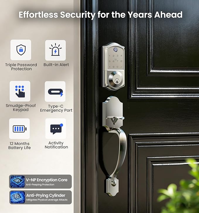 Veise VE017-H Fingerprint Smart Front Door Lock Set, App Control, 8-in-1 Keyless Entry Deadbolt with Zinc Alloy Handles, Emergency Power Port, Touchscreen Keypad, Auto Lock, Easy Install, Satin Nickel